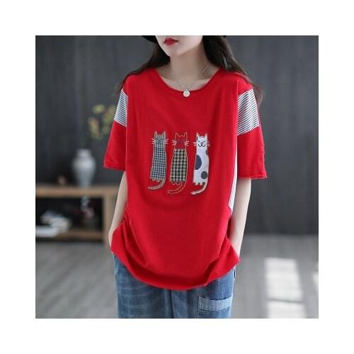2021 New T-shirt Retro Women Summer Loose Casual Tops Women O-Neck Short Sleeve Patchwork kitten All-match T-shirt Vintage Tops