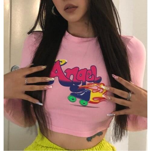 New Spring Women Sexy Cotton Angel Print T-Shirt Harajuku Long Sleeve O-neck Slim Short Top Streetwear Pink Stretch T-shirt