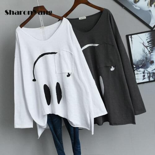 2021 Spring&summer Large size Loose Long Sleeve T-shirts Woman Fashion V-neck Casual Style T Shirt Plus Size Base Shirt Women