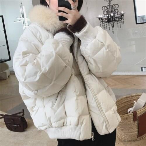 Winter Korean version of solid color Miss sister square faux fox fur collar short cotton jacket women loose