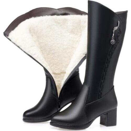 New Fashion Comfort Warm Snow Boots High Boots Inside Plush Wool Genuine Leather Boots Thick Heel Non-slip Women Boots Plus Size