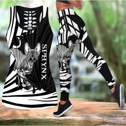 Womens Over Printed Yoga Suit Animal Autism Sphynx 3D Printing Hollow Vest Tank Top High Waist Leggings Sports Ladies Suit
