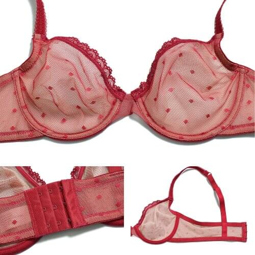 YANDW Red Bra Sexy Lace Lingerie Unlined Mesh Hollow Ultra-thin Bralette Erotic See Through Underwire Fashion Bras For Women