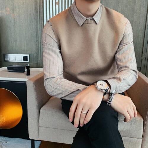 2021 Brand clothing Men High Quality Casual knit sweaters/Male slim fit Fake two piece knit shirts Striped shirt Plus size S-4XL
