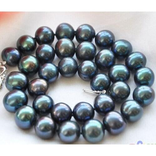 Free Shipping ***Hot sale >>HUGE 12mm ROUND PEACOCK BLACK FW PEARL NECKLACE 17IN