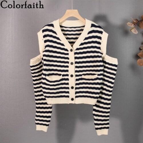 Colorfaith New 2021 Womens Autumn Winter Sweater Fashionable Elegant Striped Buttons Cardigans Cut Out Vintage Tops SWC1393JX