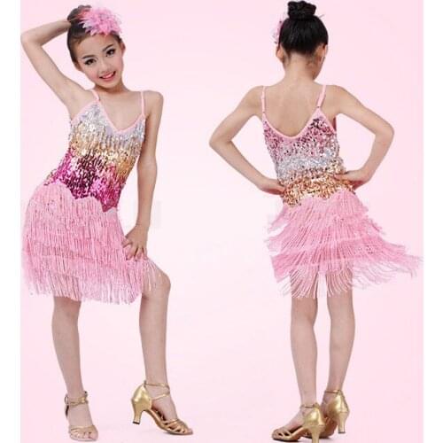 Children Sequined Latin Ballroom Dance Dress Kids Girls Dancewear Fringe Skirts Latin Stage Dance Costume Clothing Children