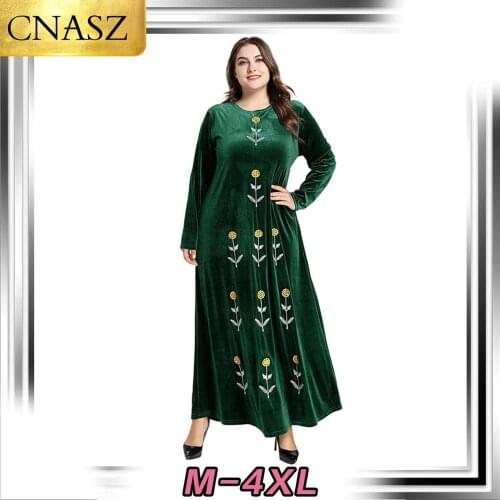 Dubai Arab Large Size Womens Islamic Turkey Fashion Gold Velvet Embroidered Long-Sleeved Dress Muslim Morrocan Casual Dress