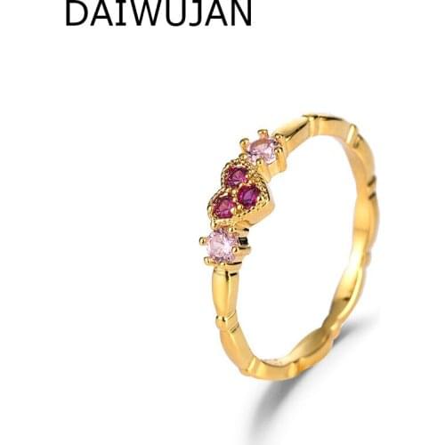 DAIWUJAN Exquisite 925 Sterling Silver Rings For Women Gold Color Love Heart Pink Zircon Slim Ring Bridal Wedding Jewelry