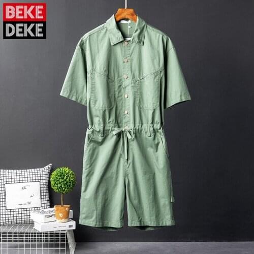Summer New Turn-Down Collar Short Sleeve Sets Overalls Mens Casual Loose Korean Style Straight Shorts Jumpsuits Fashion Playsuit