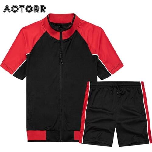 Mens Short Tracksuit Set Colorblock 2 Piece Sweatsuits Male Sets Summer Casual Clothes TShirt and Shorts Zipper Casual Outfit