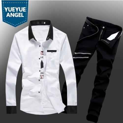 Spring Summer Men Long Sleeve Shirt Denim Sets Slim Fit Casual Single Breasted White Tops Shirt Zipper Jeans Two Piece Set