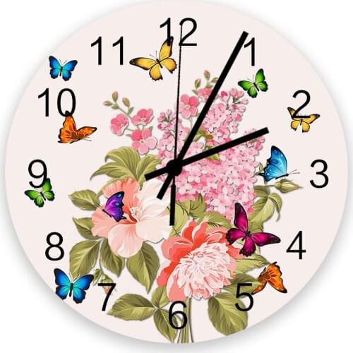 Pink Flower Illustration Butterfly 30cm Wooden Wall Clock Modern Design For Home Living Room Office Kitchen Wall Decor Hanging