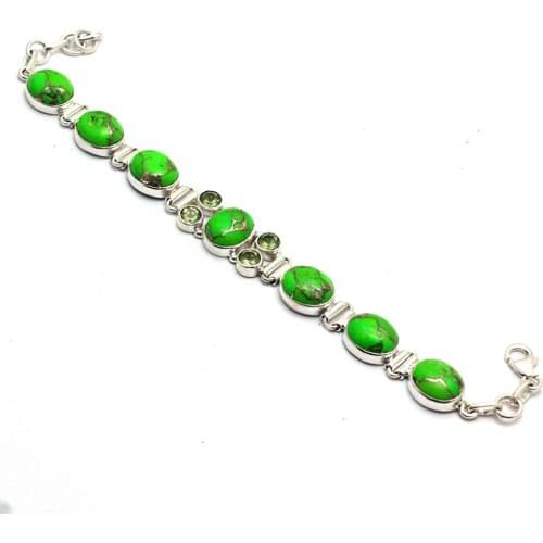 Genuine Green Copper Turquoise + Peridot Bracelet 925 Sterling Silver,19.5cm, GRP0331