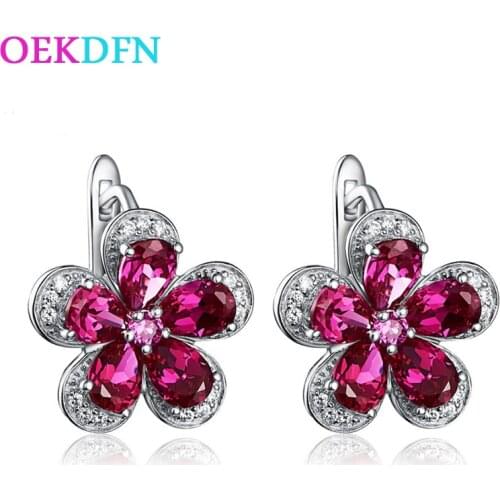 OEKDFN Real 925 Sterling Silver Earrings Ruby Gemstone Flower Plant Hoop Earrings Women Fine Jewelry Wholesale Drop Shipping