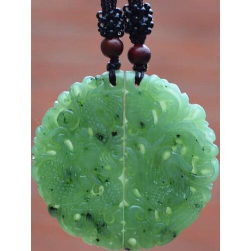 Certificate)Drop Shipping Natural Green HETIAN Nephrite Jades carved Dragon Phoenix Pendant Necklace Women Men Lovers Jewelry