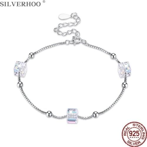 SILVERHOO Sterling Silver 925 Jewelry Women Bracelets Geometric Square Austria Crystal And Bead Adjustable Charm Bangle Bracelet