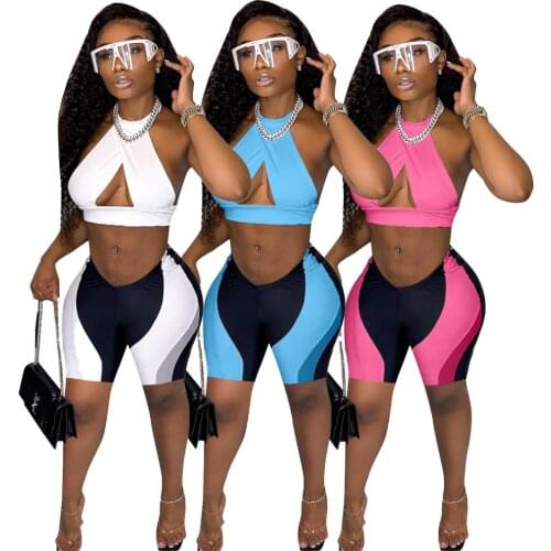 Chiclover Tracksuit Wholesale Items Color Matching Two Piece Set Women Halter Backless Crop Top and Biker Shorts Workout Outfit