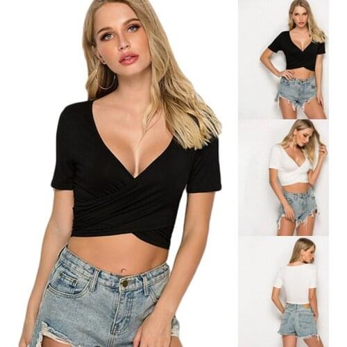 Stretchy Crop Top Short Sleeve Shirt Women 2020 Summer Casual Top Tight Rib-knitted Female Tee Shirt Sexy Camiset Mujer
