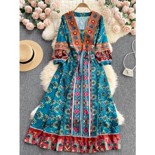 LY VAREY LIN Summer Women Boho Casual Vacation Long Sundress Retro Print Dress V Neck Puff Sleeve A-line Embroidery Dress