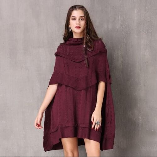 Woman Sweaters 2020 Yuzi.may Boho New Cotton Women Sweater A-line Loose Dark Red Cloak Sweater A82069