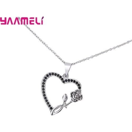 Cool 925 Sterling Silver Black Cubic Zircon Heart Rose Flower Pendant Necklace for Women Fashion Clavicle Chain Promise Jewelry