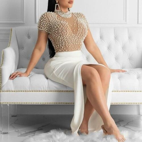 2021 Beading Summer Black White Short Sleeve Nightclub Robe Femme Vestidos Casual Bodycon Evening Party Dress for Women 70137