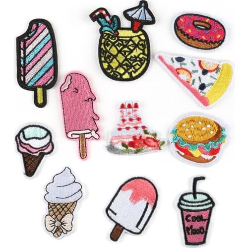 100pcs/lot Embroidery Patch Burger Fries Cherry Cake Ice Cream Drink Food Clothing Decoration Sewing Accessory Diy Iron Applique