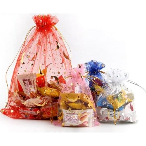 50pcs/bag Moon Star Organza Bags 7x9 9x15cm Small Christmas Drawstring Gift Bag Charm Jewelry Packaging Bags & Pouches