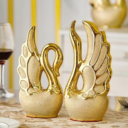 Home Decoration Accessories Modern Desk Decoration European Decor Ceramic Swan Ornaments Animal Sculpture Golden Wedding Gift