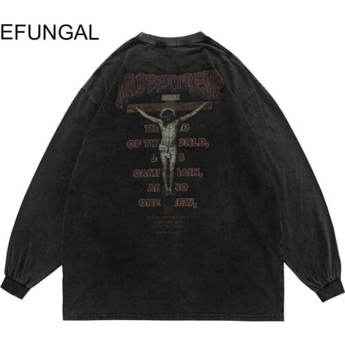 Ancient Culture Jesus Print T-shirts Men Hip Hop Streetwear Distressed Sweatshirts Oversized Tshirt Cotton Pullover Long Sleeve