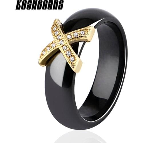 Gold Rose Gold Letter X White Black Ceramic Ring With Stainless Steel Crystal For Women Men Couple Jewelry Size 6/7/8/9/10/11/12