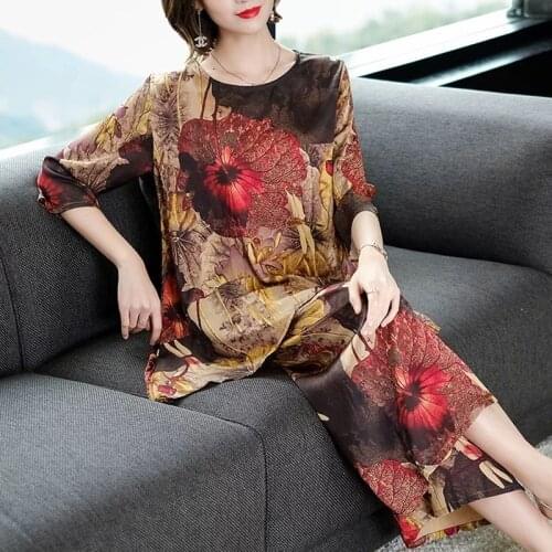 Summer Middle-aged Women 2 Piece Sets Outfits Plus Size Floral Pirnt Top+ Wide Leg Pants Suits Elegant Korean Ladies Sets D97