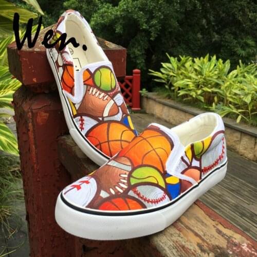 Wen Hand Painted Slip On Canvas Type Shoes Different Kinds of Sports Balls Design Custom Sneakers for Women Men Flat Plimsolls