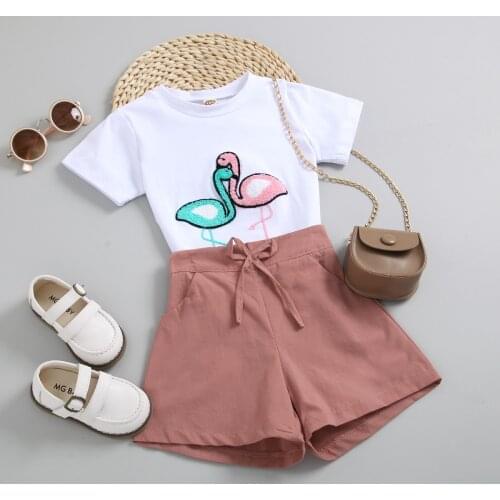 Summer Kids Girl Clothes Sets 2pcs Red-crowned Crane Pattern Short Sleeve T-Shirts Solid Color Shorts with Drawstring Pocket