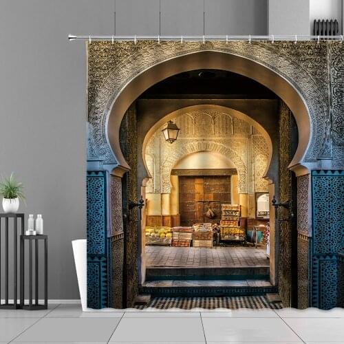 Moroccan Vintage Building Design Shower Curtain Ancient Gate Bathroom Decor Curtains Waterproof Screen Background Wall Cloth