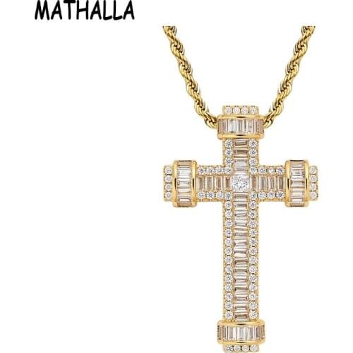 MATHALLA Fashion Full Zircon Cross Pendant Necklace Luxury 14K Real Gold Gold Plated Brass Iced Cubic Zircon Hiphop Jewelry