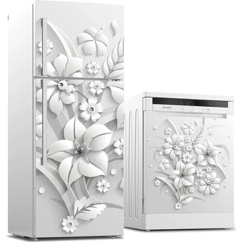 3d Dishwasher Fridge Sticker HD Print White Flowers Picture Self Adhesive Waterproof Wallpaper Home Decor Wall Art Room Paste