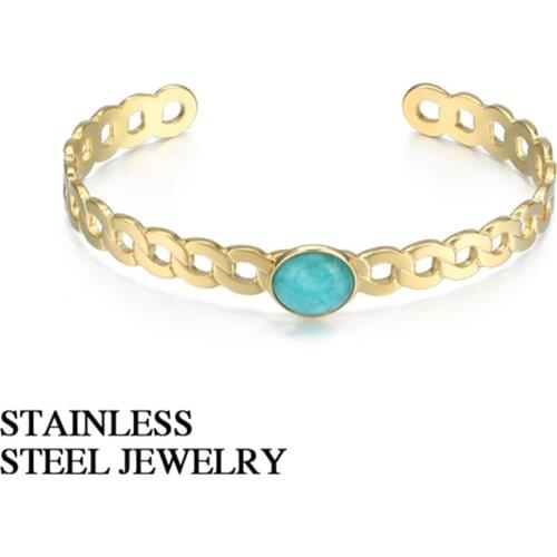 Stainless Steel Turquoise Cuff Bracelets For Woman Gold Silver Color Chain Simple Bangles Party Gift Fashion Jewelry Accessories
