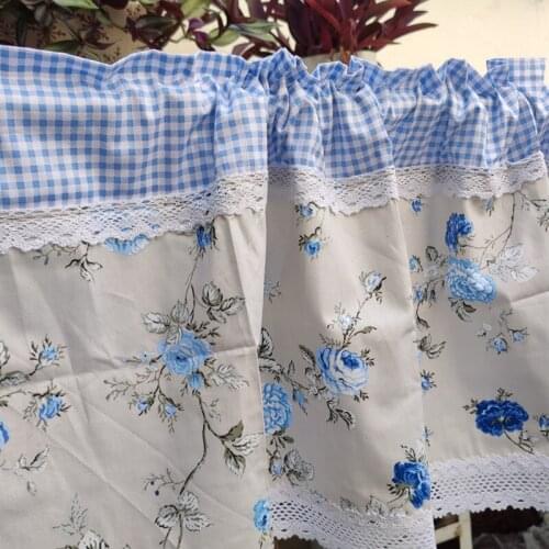 New blue printed cotton closet curtain. Lace lace short curtain. Decorate half curtain, pastoral style coffee curtain