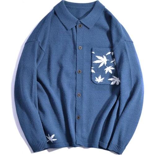 New Fashion Maple Leaf Jacquard Knit Cardigan Mens Lapel Tide Brand Loose Baggy Sweater Streetwear Jacket Plus Size Clothing