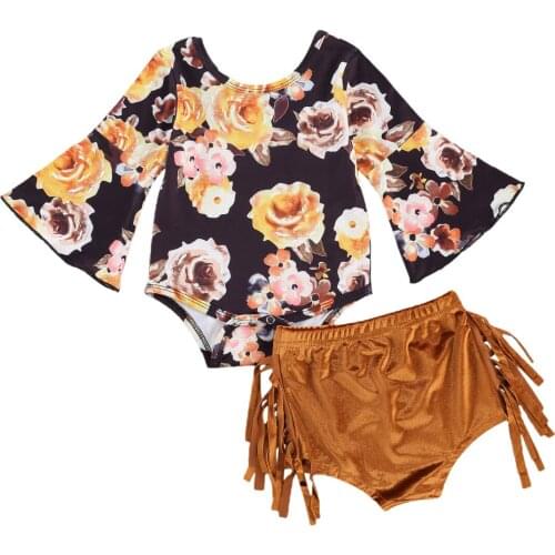2020 Fall Infant Girls Clothing Sets O-neck Flare Sleeve Flower Print Bodysuits Tops + Tassel Shorts Velvet Casual Outfits 0-24M