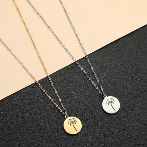 QIAMNI Disc Birth Flower Necklace Pendant For Women Birth Month Choker Necklaces Stainless Steel Birthday Gift BFF Femme Bijoux