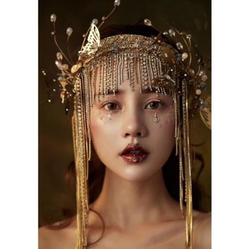 Fashion Golden Head Band Fairy Butterfly Headdress Pearl Bead Chain Tassels Model Show Studio Photo Shoot Decoration Accessories