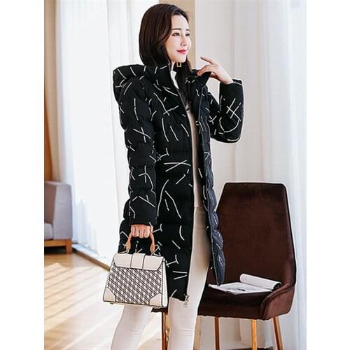 Down Cotton Womens Coat Long Section 2018 Winter New Loose Slim Cotton Padded Print Long Sleeve Coats Female Hooded Jacket