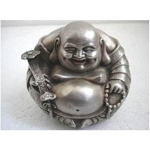 Elaborate Chinese Tibetan Silver "happy "Buddha Auspicious Statue