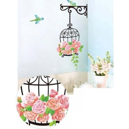 Beautiful Spring Flower Double Birds Cage Removable Wall Sticker Living Room Study Room Hallway Decor Vinyl Mural Art Home Decal