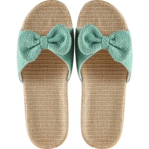 Women Bow Slippers Summer Breathable Linen Indoor Shoes Female Home Casual Slides Flax Flip Flops Ladies Flat Sandals