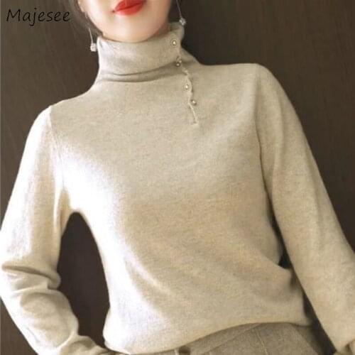 Turtleneck Sweater Women Solid Single Breasted Korean Style Fashionable Elegant Ladies Vintage Winter Tops Popular Slim Warm New