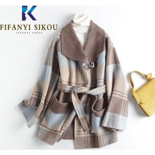 High Quality Wool Coat Women Thick Warm Overcoat Fashion Pocket Lapel Plaid Woolen Coat Female Loose Casual Winter Coats